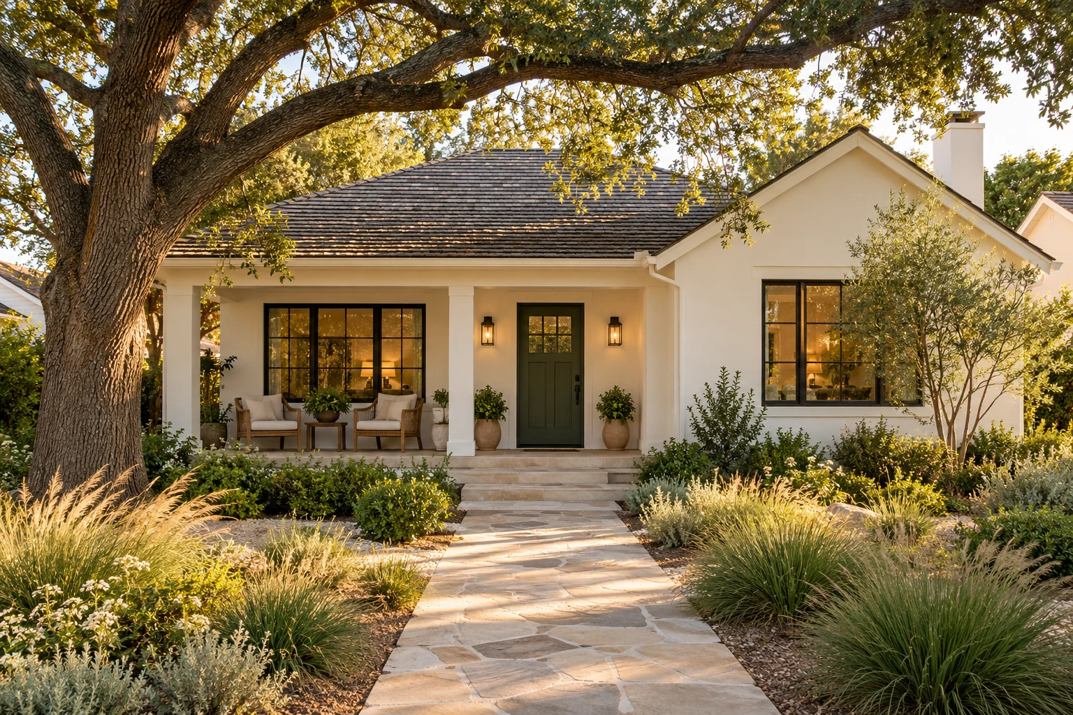 Illustrative AI-generated bungalow with a landscaped front yard